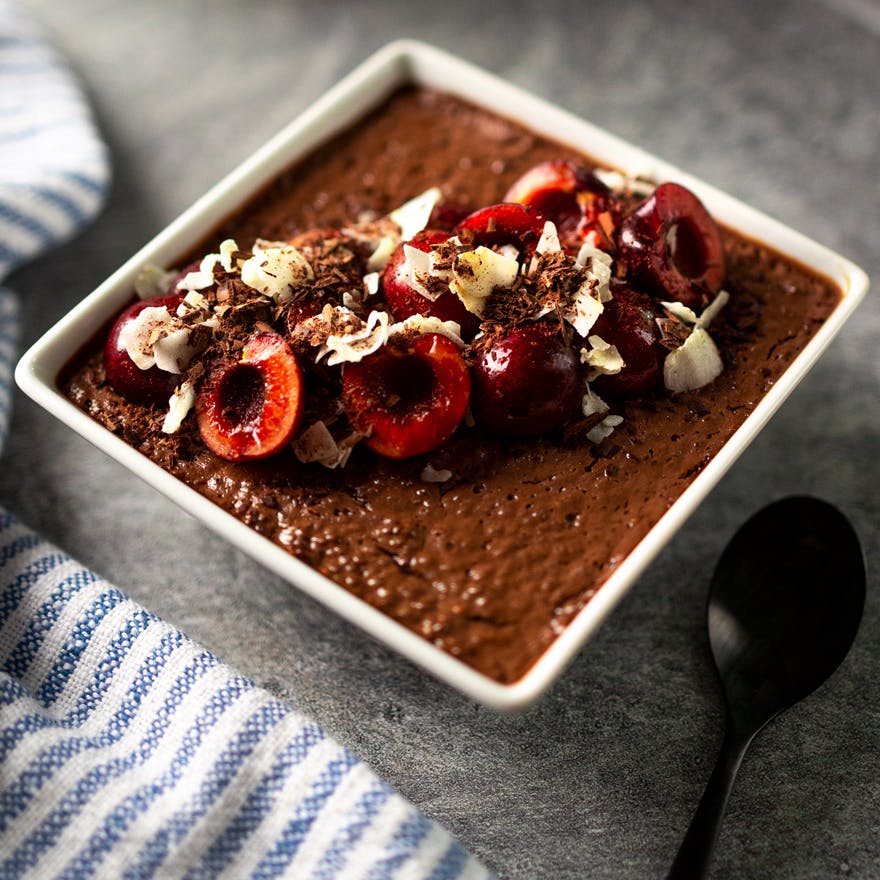 A cup of Cherry Chocolate Chia Protein Pudding