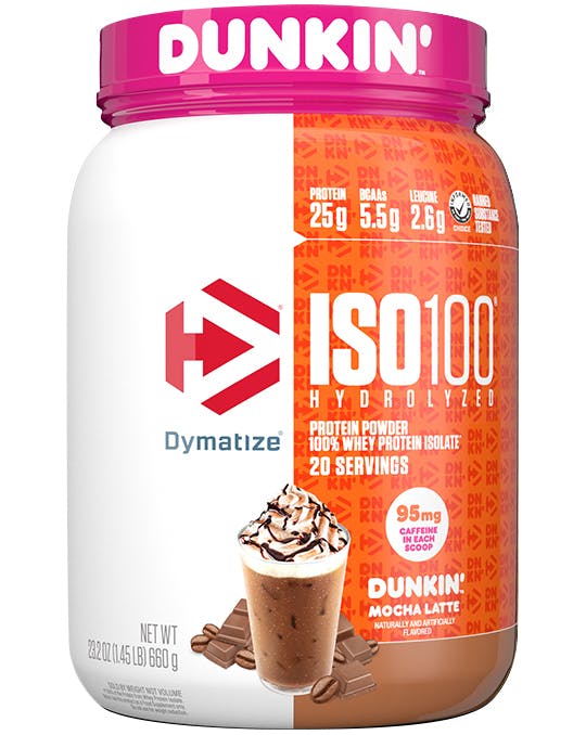 A single tub of Dymatize ISO100 Dunkin Mocha Latte