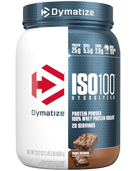 A single tub of Dymatize ISO100 Fudge Brownie