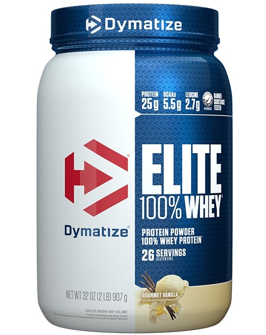 A single tub of Dymatize Elite 100 Whey Gourmet Vanilla