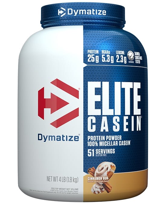 A single tub of Dymatize Elite Casein Cinnamon Bun