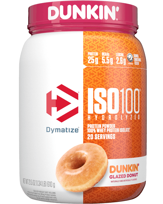 A tub of Dymatize ISO100 Dunkin Glazed Donut Flavor